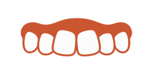 Cartoon orange mouth with white teeth in a wide grin against a black background