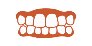 Cartoon illustration of an open mouth with orange gums and white teeth showing a wide smile.